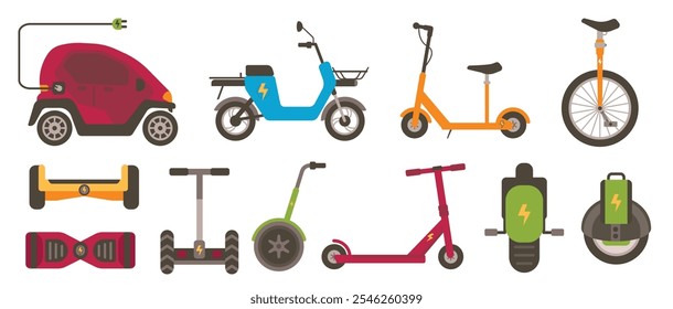 Una colección de iconos moderna que muestra varios modos de transporte eléctrico, incluidos scooters, motos, automóviles y hoverboards, en un diseño plano limpio y elegante.