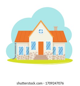 Modern icon with cozy home, house, cottage with shadow. Smart building with pastel color. Flat design urban landscape.