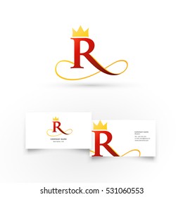 Modern icon design R letter shape element with golden crown. Business card template. Best for identity and logotypes. 