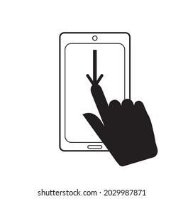 A modern icon of the download panel. The smartphone icon is isolated on a white background. A mobile phone with a hand symbol. Flat design style. 