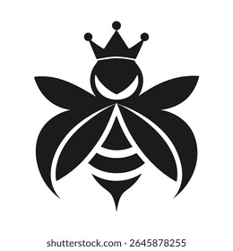 Modern icon featuring a bee wearing a crown, rendered in a striking black silhouette, emphasizing boldness and elegance, presented on a transparent backdrop for versatile use.