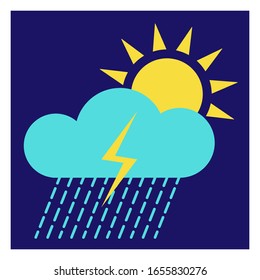 Modern icon illustration of sun with cloud and rain on blue backdrop. Blue background. Vector icon. Graphic vector art. Simple element illustration. Social media web banner.