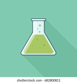Modern icon laboratory tube, background green and flat style, long shadow 
