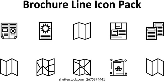 Moderno paquete de iconos de 10 iconos temáticos alrededor de folleto, creado en formato de línea fina. Diseñado para interfaces y productos digitales.