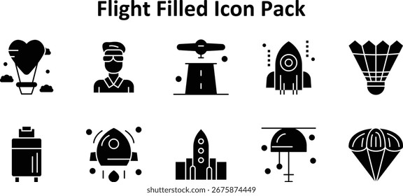 Modernes Icon-Paket mit 10 Icons rund um Flug, erstellt im Solid Filled-Format. Entwickelt für Schnittstellen und digitale Produkte.