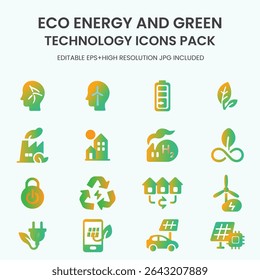 A modern icon pack featuring 16 eco energy and green technology symbols. Perfect for sustainability, renewable power, clean energy, smart cities, and environmental projects.