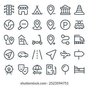 Perfecto para diseños de interfaz de usuario lineal con albergue de Vector, lupa, gasolinera, playa, máscaras y más iconos.