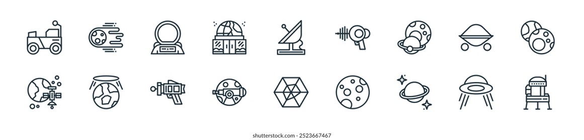 Perfecto para diseños de interfaz de usuario lineal con naves espaciales Vectores, OVNI, Planet, Luna llena, radar, telescopio, pistola láser y más iconos para App móviles y de Web.