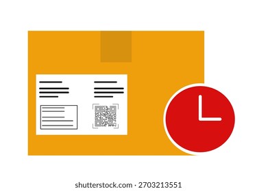 Un ícono moderno para el seguimiento de paquetes y el Estado de envío. Este Vector cuenta con una caja de cartón con una etiqueta de envío y un código QR, acompañado de un ícono de reloj que indica el tiempo de procesamiento o entrega.