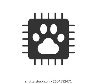 Ícone moderno de uma impressão de pata dentro de um microchip. Simboliza tecnologia de animais de estimação, cuidados digitais com animais de estimação, IA para animais ou soluções de veterinária avançadas. Usar para aplicativos, sites ou marketing