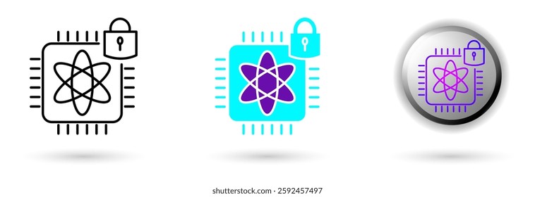 Modern icon of Quantum cryptography and technological innovation. Various styles such as outline, solid, and glossy effects, ideal for AI startups, science research, and quantum computing development.