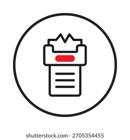 Ein modernes Symbol, das den Posteingang eines Dokuments darstellt, mit einem Container mit Papieren und einer Benachrichtigungsmarkierung. Das Design ist sauber und minimalistisch, mit Umrissen und einem kreisförmigen Rahmen, geeignet für