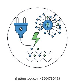 Modern icon representing energy, technology, and connectivity with a plug, circuit board, and power symbol.
