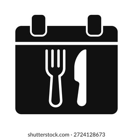 Un icono moderno que representa un planificador de comidas, con un tenedor y un cuchillo sobre un fondo de calendario.