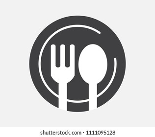 Modern icon restaurant. Spoon and Fork With a dish Vector illustration. Food, dining, bar, cafe, hotel, eating concept. Sign Isolated on white background. 