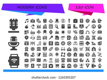  modern icon set. 120 filled modern icons. Simple modern icons about  - Microphone, Smartwatch, Music, Map, Briefcase, Mouse, Balance, Smartphone, No phone, Watch, Settings, Dress