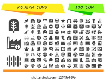  modern icon set. 120 filled modern icons. Simple modern icons about  - Tree, Fence, Factory, Pin, Barn, Flipdrive, Glasses, Crown, Printer, Star, Audio, Bed, Smartwatch, Rainbow