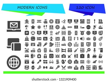 modern icon set. 120 filled modern icons.  Collection Of - Email, Globe, Responsive, Building, Smartphone, Car, Kettle, Pizza, Setting, Runner, Screen, Computer, Elevator, Spoon