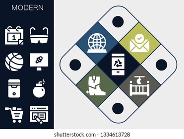 modern icon set. 13 filled modern icons.  Simple modern icons about  - Mobile, Shopping cart, Interface, Cpu, Bomb, Earth globe, News report, Calendar, Glasses, Email, Globe, Boots