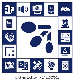 modern icon set. 17 filled modern icons.  Collection Of - Film roll, Smartphone, Phone, Spoons, Transformation, Slider, Calculator, Television, Train station, Volume, Chips, Camera