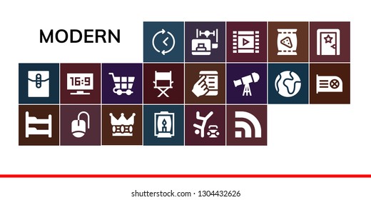 modern icon set. 19 filled modern icons.  Simple modern icons about  - Time, Mail, Bunk bed, Mouse, Crown, Lamp, Hip hop, Rss, Television, Shopping cart, Director, Smartphone