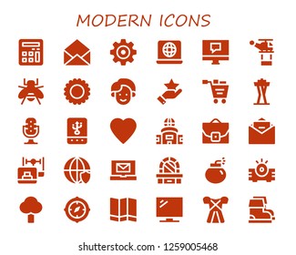  modern icon set. 30 filled modern icons. Simple modern icons about  - Calculator, Email, Settings, Laptop, Computer, Helicopter, Bee, Sun, Man, Star, Shopping cart, Space needle