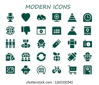  modern icon set. 30 filled modern icons. Simple modern icons about  - Microphone, Like, Car, Television, Pyramid, Clock, World, Dislike, Video, Calendar, Smartphone, Group, Camera