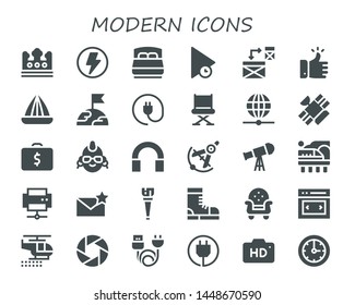 modern icon set. 30 filled modern icons.  Collection Of - Crown, Flash, Bed, Play, Responsive, Like, Juicer, Earth, Plug, Chair, Worldwide, Satellite, Briefcase, Punk, Audio, Compass