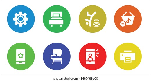 modern icon set. 8 filled modern icons.  Simple modern icons about  - Setting, Smartphone, Bed, Desk chair, Hip hop, Selfie, Basket, Printer
