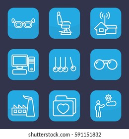modern icon. Set of 9 outline modern icons such as barber chair, factory, folder with heart, man, pc, home signal, sunglasses, glasses