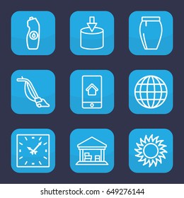 Modern icon. set of 9 outline modern icons such as vacuum cleaner, skirt, water bottle, sun, cargo barn, home on phone display, clock, entrance