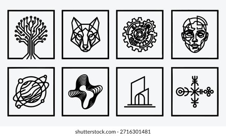 Modern Icon Set with Abstract Geometric Design Elements on White Background
