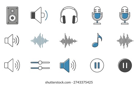 modern icon set, arranged in a 3x5 grid on a crisp white background, depicting various audio-related symbols.
