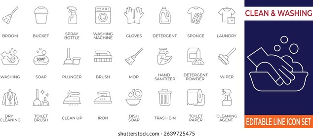 A modern icon set for cleaning, laundry, and hygiene tools and supplies. Perfect for housekeeping, sanitation, and wash-related infographics or UI design.