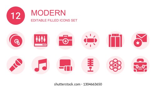 modern icon set. Collection of 12 filled modern icons included Cymbals, Levels, Briefcase, Flash, Elevator, Microphone, Music, Electronics, Atomic, Favorite
