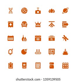 modern icon set. Collection of 25 filled modern icons included Calendar, Fridge, Calculator, Smartphone, Padnote, Building, d printer, Walkway, Bomb, Mailbox, Dragonfly, Vase
