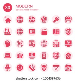 modern icon set. Collection of 30 filled modern icons included House, Grid, Worldwide, Earth, Flashlight, d, Laptop, Clapperboard, Phone receiver, Cloud, Homepage, Building, Butterfly