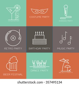 Modern icon set of different kinds of parties. Costume party, karaoke party, retro party, birthday party, music party, dance party, beach party, beer festival