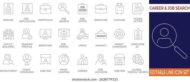 Modern icon set featuring essential symbols for job search, resume, recruitment, and career tools. Perfect for websites, HR presentations, job portals, and employment-related designs.