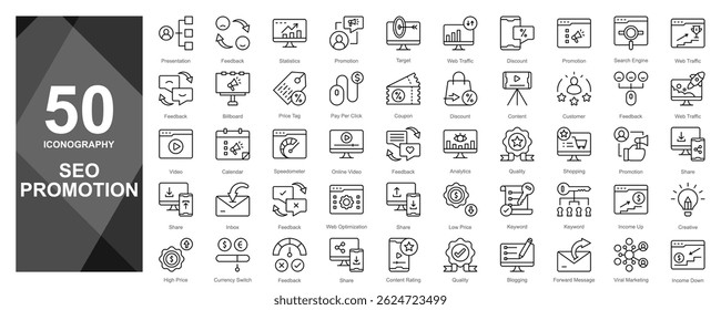 Modern icon set featuring SEO promotion elements like keywords, backlinks, analytics, ranking, and traffic growth. Perfect for digital marketing designs.