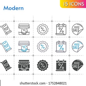 modern icon set. included calendar, handshake, sale, discount, trolley icons on white background. linear, bicolor, filled styles.