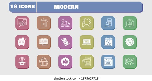 modern icon set. included calendar, newsletter, study, shop, smartphone, like, discount, delivery truck, shopping basket, trolley icons on white background. linear, filled styles.