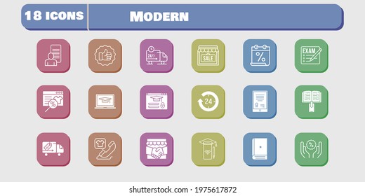 modern icon set. included calendar, handshake, study, smartphone, shop, like, discount, delivery truck, login, exam icons on white background. linear, filled styles.