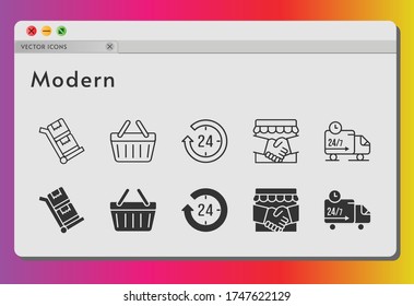 modern icon set. included handshake, 24-hours, shopping-basket, delivery truck, shopping basket, trolley icons on white background. linear, filled styles.