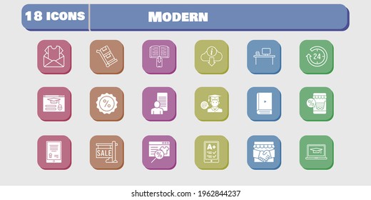 modern icon set. included handshake, newsletter, study, student, discount, login, trolley, online shop, tablet, sale icons on white background. linear, filled styles.