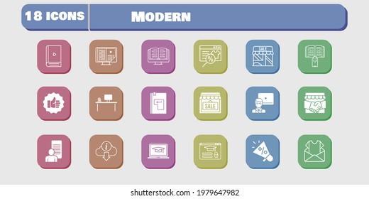 modern icon set. included handshake, megaphone, newsletter, study, shop, like, login, online shop, teacher, student-laptop, ebook icons on white background. linear, filled styles.
