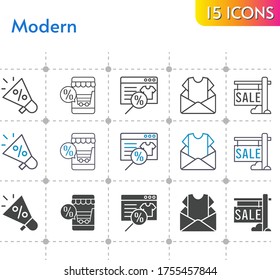 modern icon set. included megaphone, online shop, newsletter, sale icons on white background. linear, bicolor, filled styles.