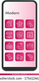 modern icon set. included megaphone, handshake, shirt, shop, money, price tag, warranty, closed, discount, delivery truck, placeholder, trolley icons on phone design background . linear styles.