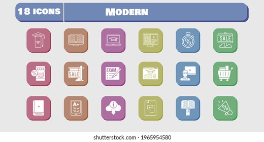 modern icon set. included megaphone, smartphone, login, exam, online shop, ereader, sale, teacher, ebook, student-laptop, shopping cart icons on white background. linear, filled styles.