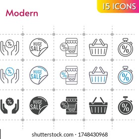 modern icon set. included online shop, sale, discount, shopping-basket, shopping basket, stopwatch icons on white background. linear, bicolor, filled styles.